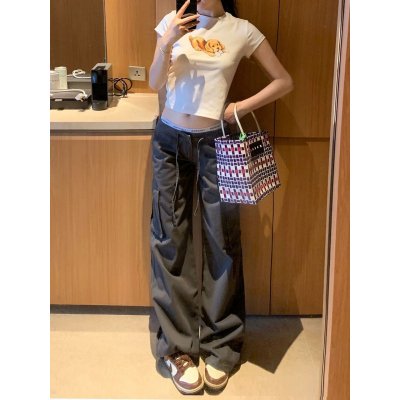 Last danse韩系复古工装裤女夏薄款灰色低腰抽绳休闲直筒阔腿裤