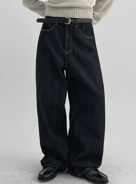Last danse深蓝色牛仔裤女宽松直筒美式复古水洗做旧休闲裤长裤
