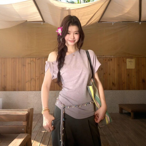 紫色斜领短袖t恤女夏韩系穿搭