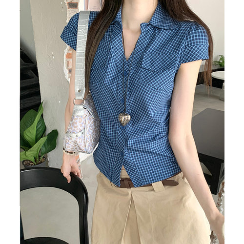 蓝色格子衬衫女短袖夏2026