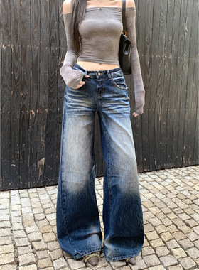 Last danse复古蓝阔腿牛仔裤女2026春新款直筒宽松高腰显瘦拖地裤