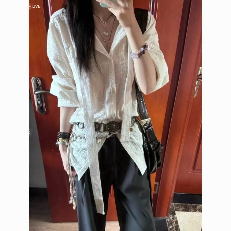 Last danse老钱风白色蕾丝V领衬衫女宽松显瘦法式设计感防晒外套