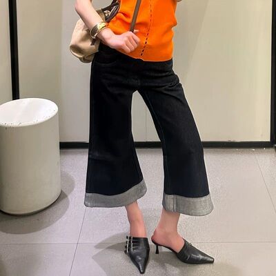 Last danse美式复古牛仔裤女夏微喇高腰宽松显瘦休闲百搭七分裤