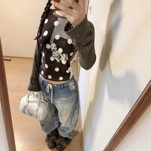 Last danse美式复古斑点狗T恤女长袖26新款正肩修身显瘦辣妹上衣
