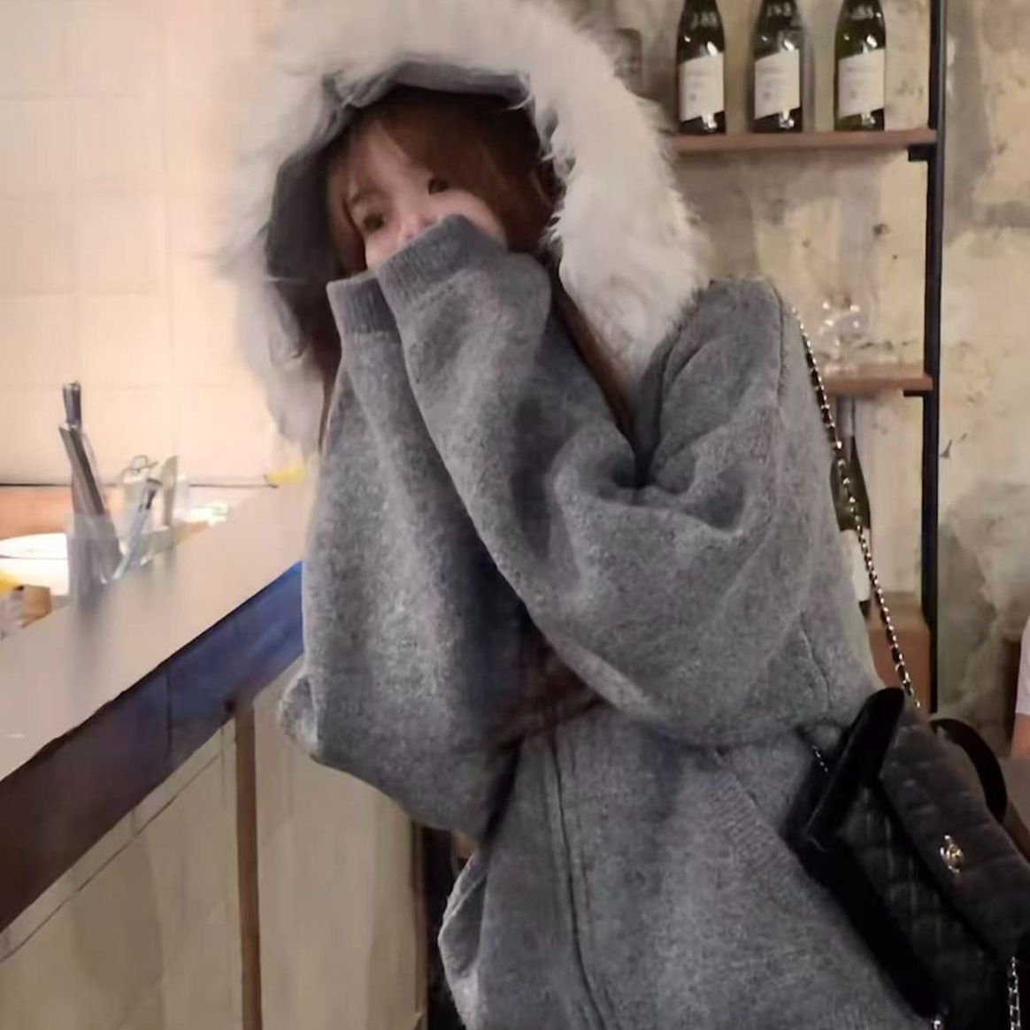 韩系慵懒风灰色毛领外套连帽针织开衫女秋冬季小个子宽松外搭上衣