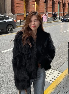 秋冬环保皮毛一体外套短款绒皮草简约V领女大衣时尚气质风22972