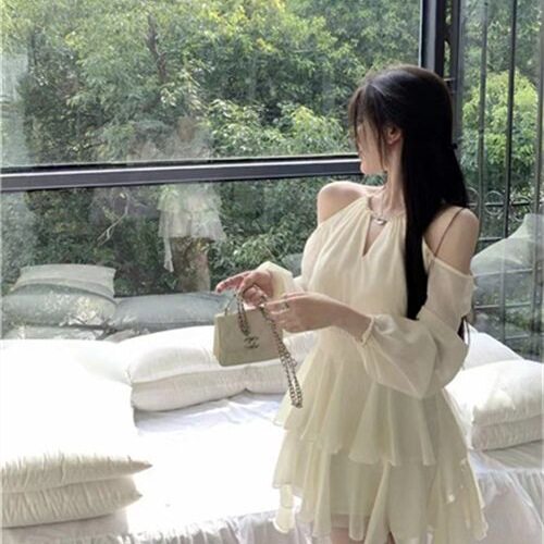 【雪纺+里布+拉链】法式长袖连衣裙仙女夏季仙气收腰雪纺短裙荷叶