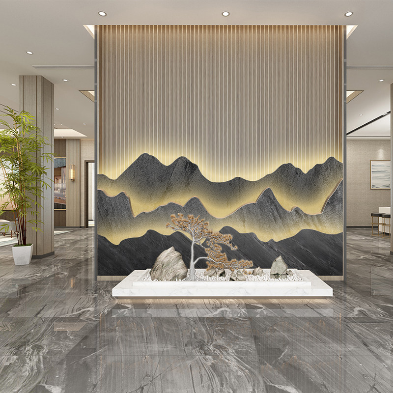 天然超薄透光石材山型石材新中式山形创意景观造景大堂背景墙墙饰