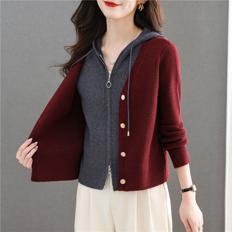 连帽假两件针织开衫女春秋大码高级感小个子内搭短款高腰毛衣外套