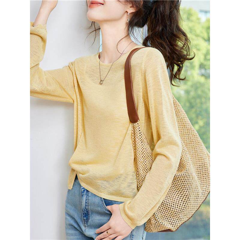 冰丝黄色长袖t恤女春夏2025新款宽松休闲针织打底衫减龄体恤上衣