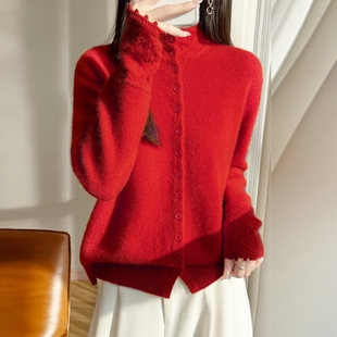 红色100纯羊毛衫开衫女秋冬时髦洋气保暖内搭毛衣多纽扣针织上衣