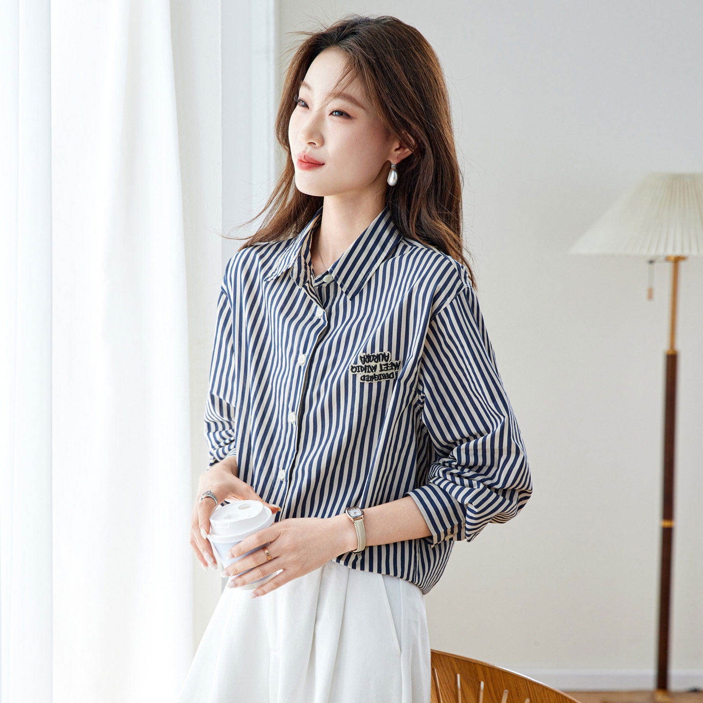 蓝白条纹纯棉衬衫女长袖