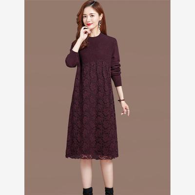 配大衣女士秋冬季内搭中长款毛衣蕾丝针织洋气打底衫连衣裙子加厚
