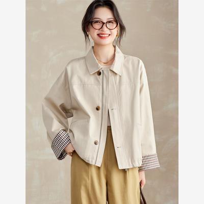 复古工装风短外套女2025新款休闲百搭小个子宽松格子拼接夹克上衣