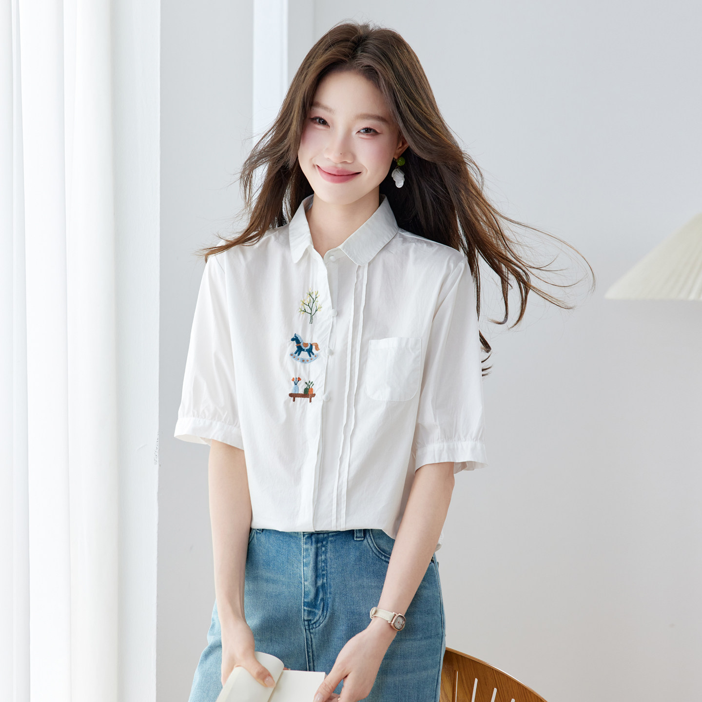 纯棉刺绣白色衬衫女短袖2