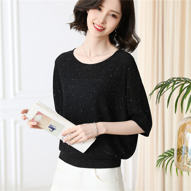 黑色薄款宽松蝙蝠衫女配裙子短款针织衫五分袖套头圆领亮闪闪上衣