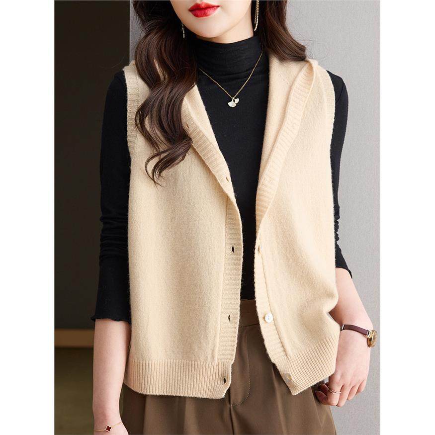 100纯羊毛马甲针织背心女款外穿短款开衫2025新款春秋连帽坎肩
