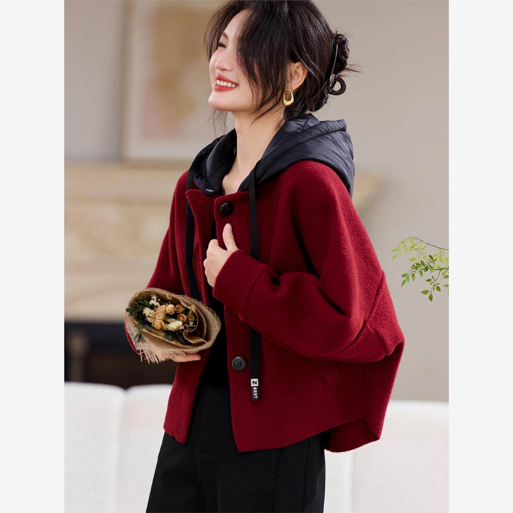 2025新款秋冬季加厚可脱卸连帽短外套女高级感气质小个子宽松开衫,女装/女士精品,短外套,淘宝优惠券,粉丝福利购,淘宝优惠卷