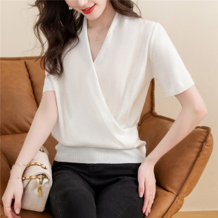 冰丝短袖白色交叉V领t恤女2025新款夏装高级感针织衫上衣短款体恤