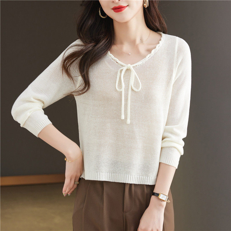 冰丝针织长袖短款T恤女早秋薄款设计感系带圆领小衫修身罩衫上衣
