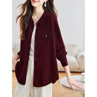 100%羊毛开衫女春秋Polo