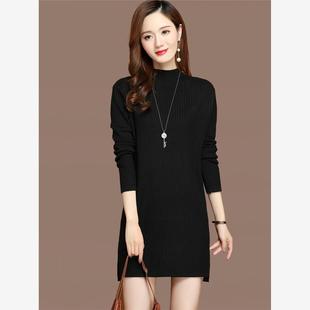 配大衣遮屁股毛衣裙女士半高领上衣秋冬中长款洋气内搭大款打底衫