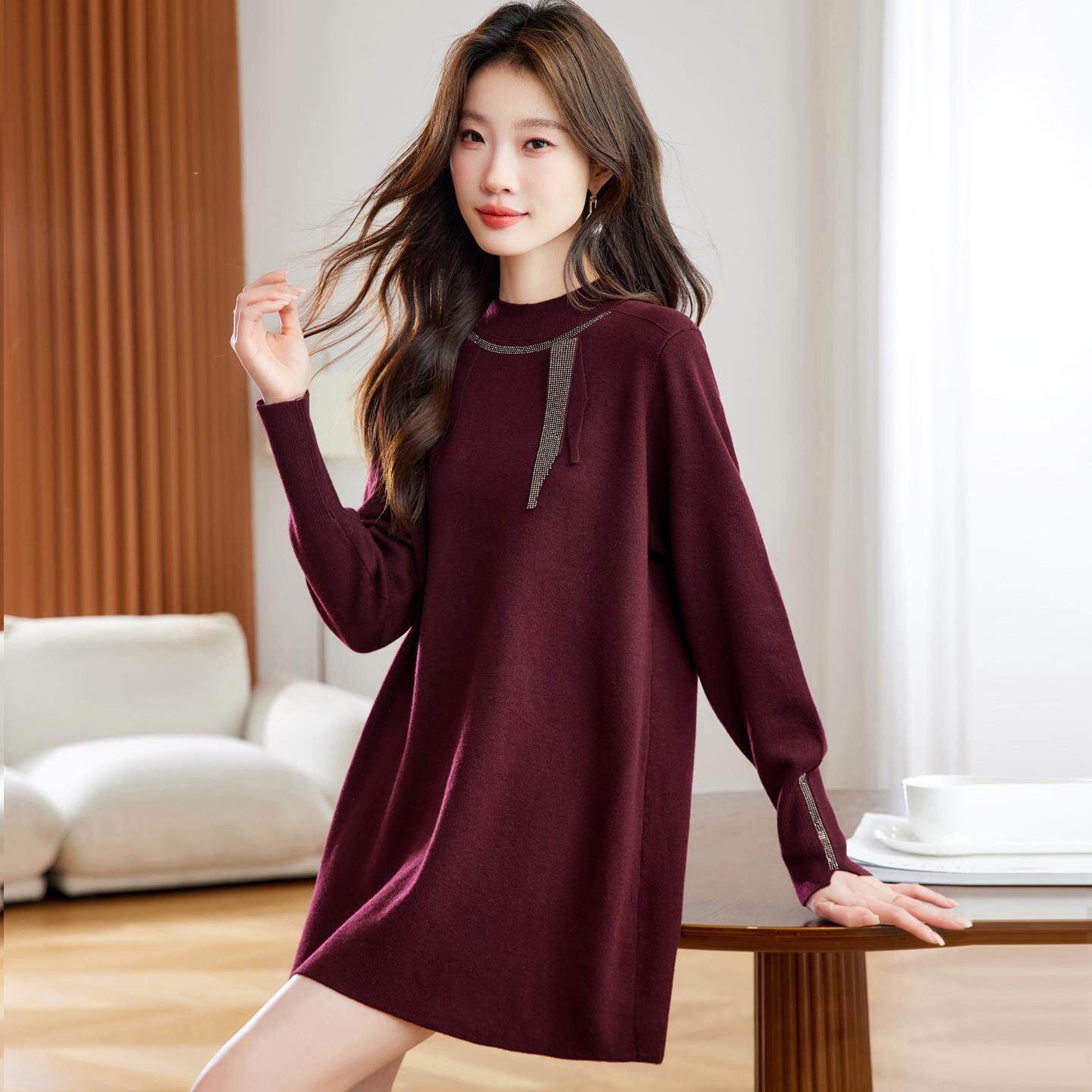 今年流行慵懒风飘带针织连衣裙女秋冬中长款小个子超好看打底毛衣