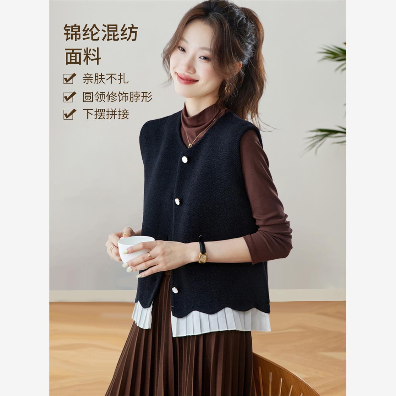 假两件雪纺拼接针织马甲女短款秋装2025新款无袖开衫外套春秋百搭
