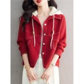 长袖 红色毛呢外套女带帽可脱春秋款 宽松百搭短款 显瘦夹克呢子上衣