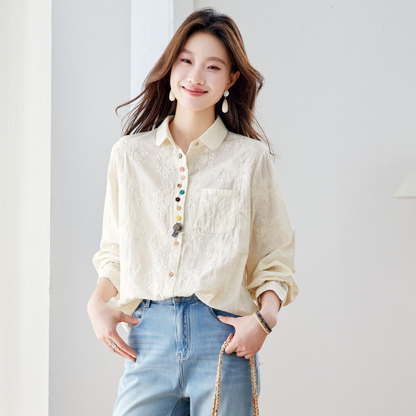 日系复古纯棉刺绣衬衫女长袖2026春装新款高级感轻奢气质超火上衣