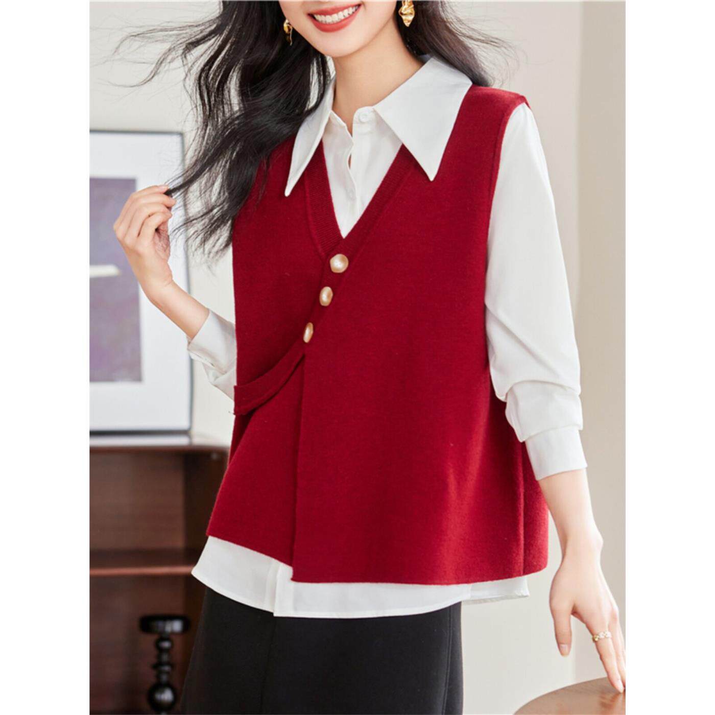 红色v领无袖坎肩针织马甲背心女春秋套装毛衣外搭衬衫叠穿两件套