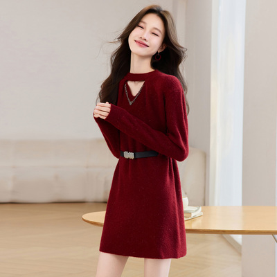 设计感小个子针织连衣裙女秋冬遮屁股中长款气质内搭打底系带毛衣