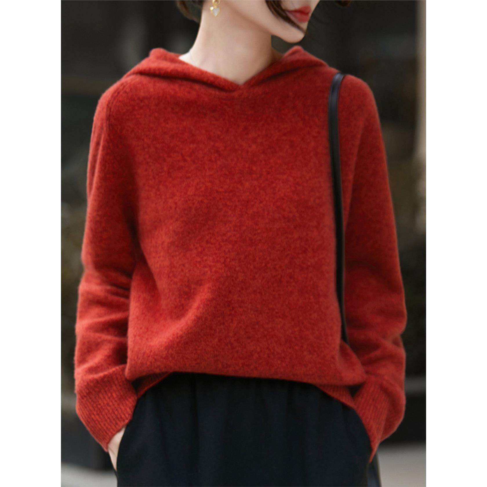 连帽100纯羊毛衫女秋冬季2025新款加厚针织打底衫可外穿内搭毛衣