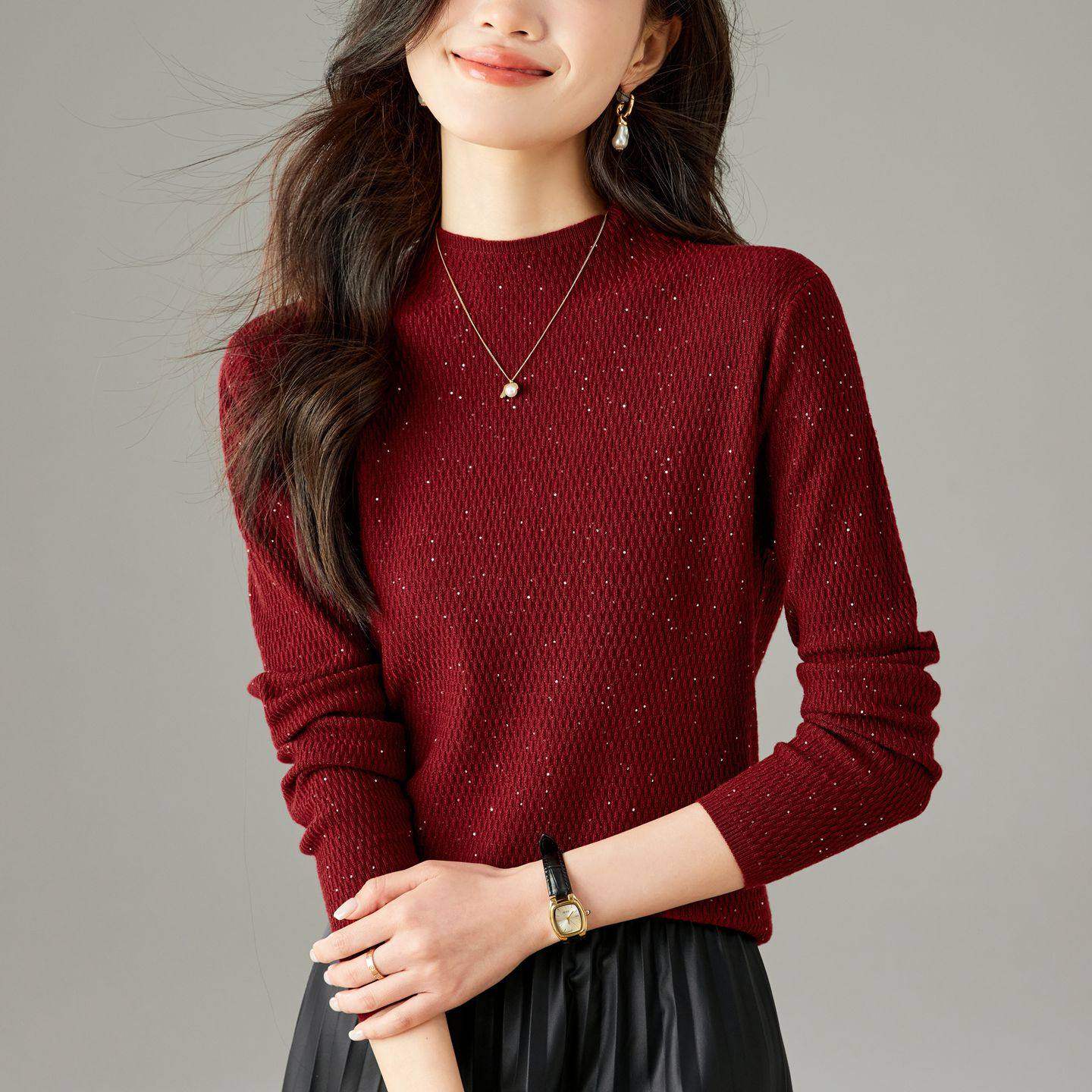 气质酒红色半高领亮丝针织衫女秋冬修身显瘦长袖短款套头打底上衣