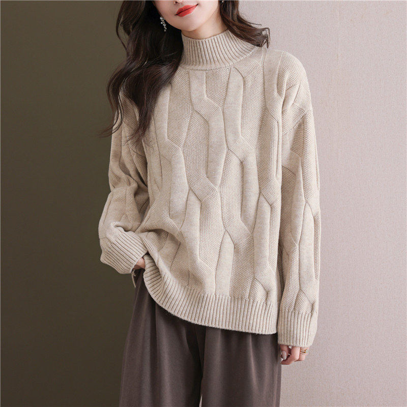 半高领麻花毛衣女款2025新款秋冬加厚大尺码宽松套头粗线针织打底