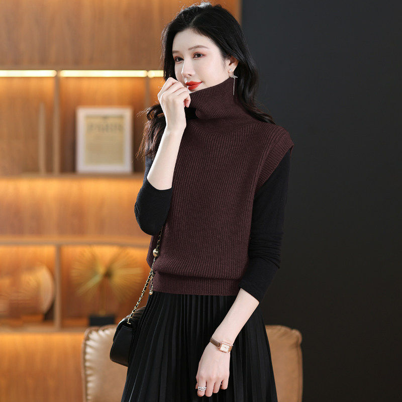 春秋冬宽松百搭叠穿针织高领毛衣马甲新款女装慵懒风背心无袖马夹