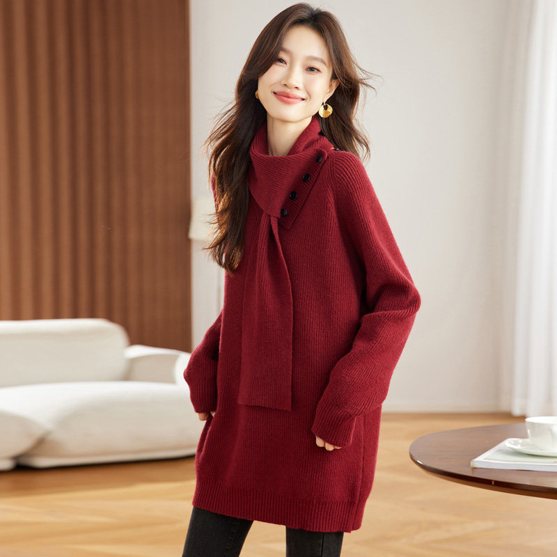 中长款毛衣女秋冬厚高级感遮屁股内搭打底衫带围巾两穿针织连衣裙