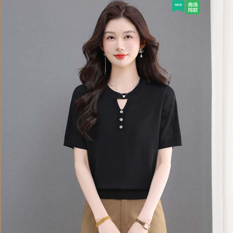 小款夏季冰丝短袖t恤女宽松高级感上衣设计感小众镂空针织小衫薄