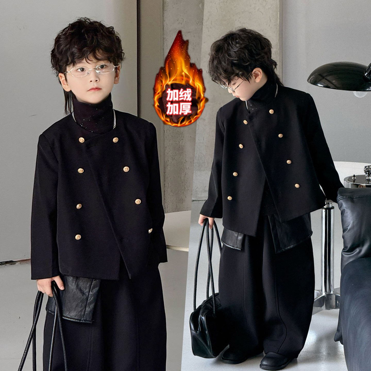 男童西装套装秋冬潮帅气时髦男宝小香风外套加绒儿童走秀炸街西服