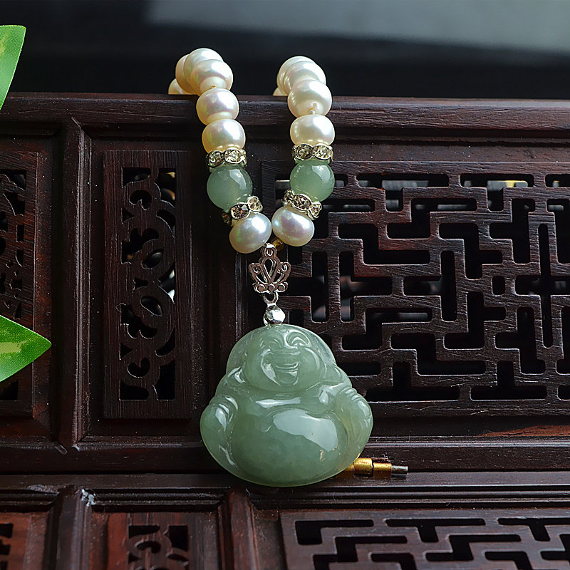 A货天然翡翠珍珠项链糯种水润手工编制精挑细选珍珠玉佛项链