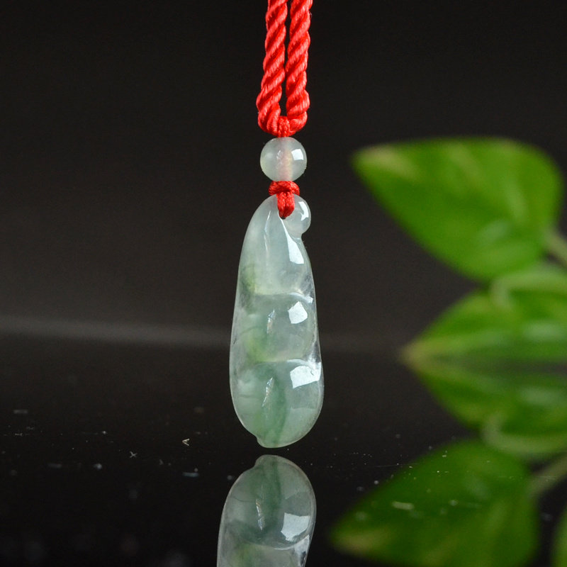 天然冰糯种翡翠四季豆挂件福豆缅甸飘花玉豆子吊坠玉石连中三元