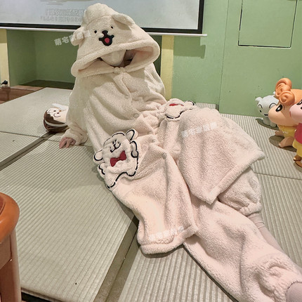 线条小狗可爱睡衣女冬季新款加绒加厚长毛绒睡裙睡袍家居服可外穿