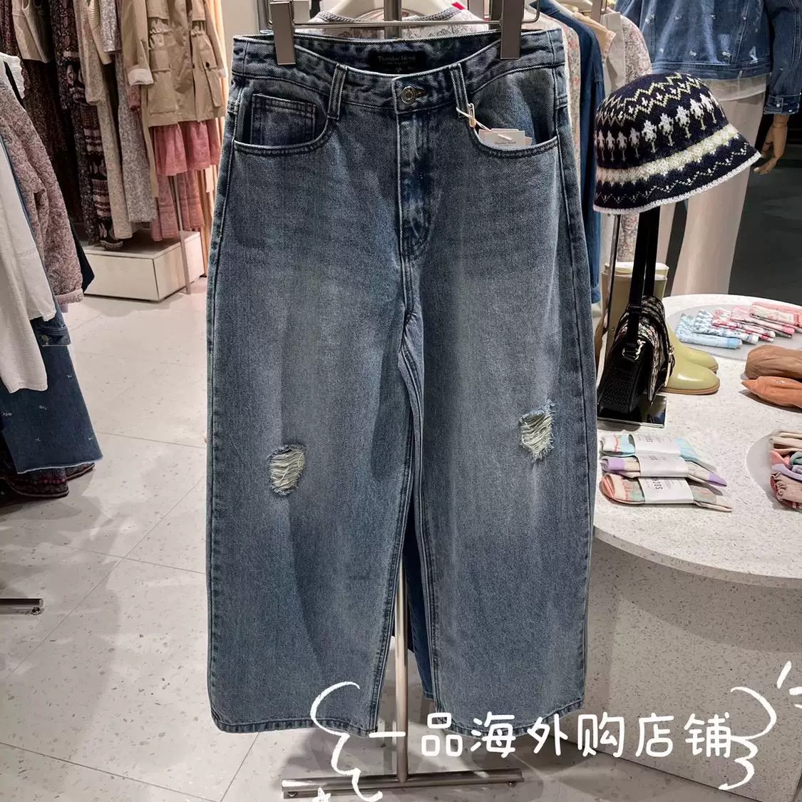 韩岛家25年时尚百搭宽松显瘦复古蓝色水洗破洞牛仔裤女老爹裤长裤