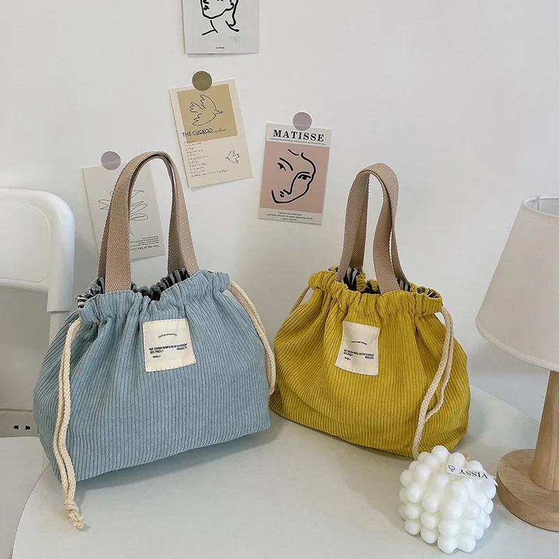 日式简约抽绳灯芯绒糖果色便当袋大容量小众日韩小方包带饭包跨境,箱包皮具/热销女包/男包,小方包,淘宝优惠券,粉丝福利购,淘宝优惠卷