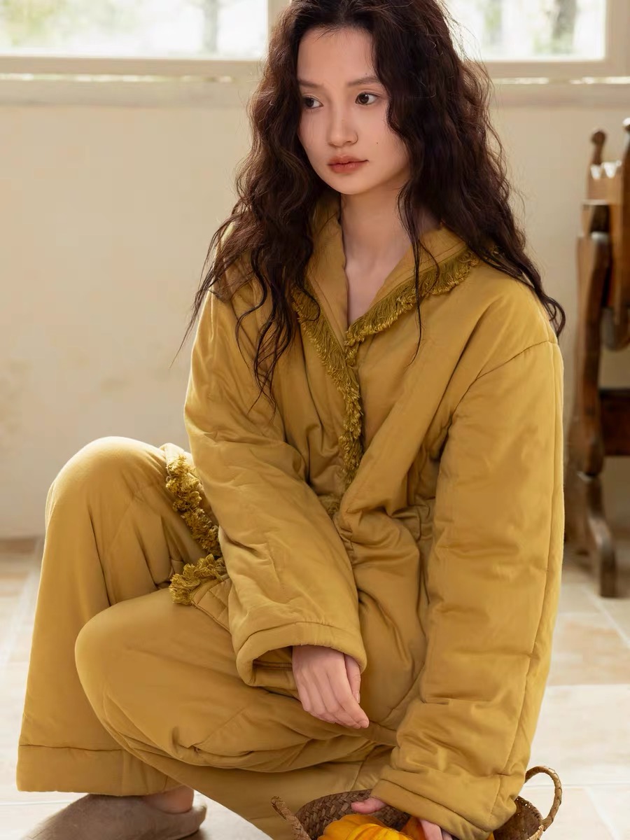 族玛士睡衣女2025新款秋冬季纯棉夹棉袄加厚保暖可外穿家居服套装