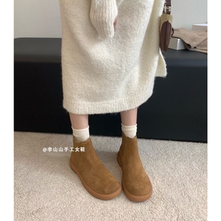 法式磨砂真皮勃肯靴女2025秋冬新款厚平底绒面软底短筒百搭马丁靴