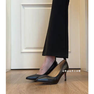 法式真皮尖头高跟鞋女秋季新款复古黑色细跟职业通勤气质工作单鞋