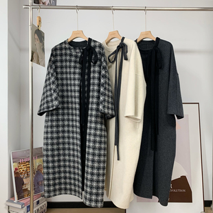 韩系圆领蝴蝶结飘带格子双面羊驼毛呢子大衣外套女宽松显瘦气质