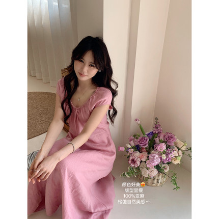 法式气质V领粉色亚麻连衣裙松弛高级感收腰显瘦中长款25夏季新款