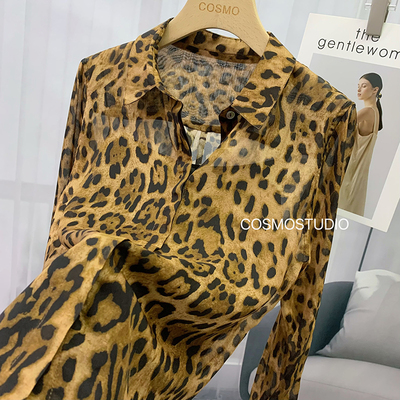 时髦豹纹真丝衬衫女100%桑蚕丝